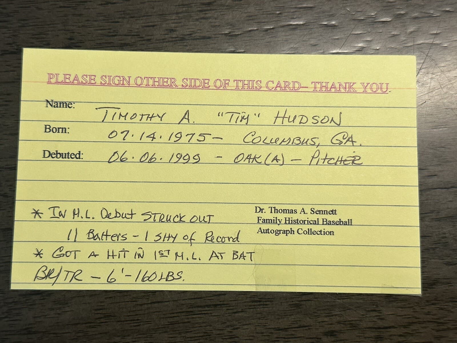 Tim Hudson Signed Index Card 3x5 20 Game Winner Oakland A's Atlanta Braves - image 2