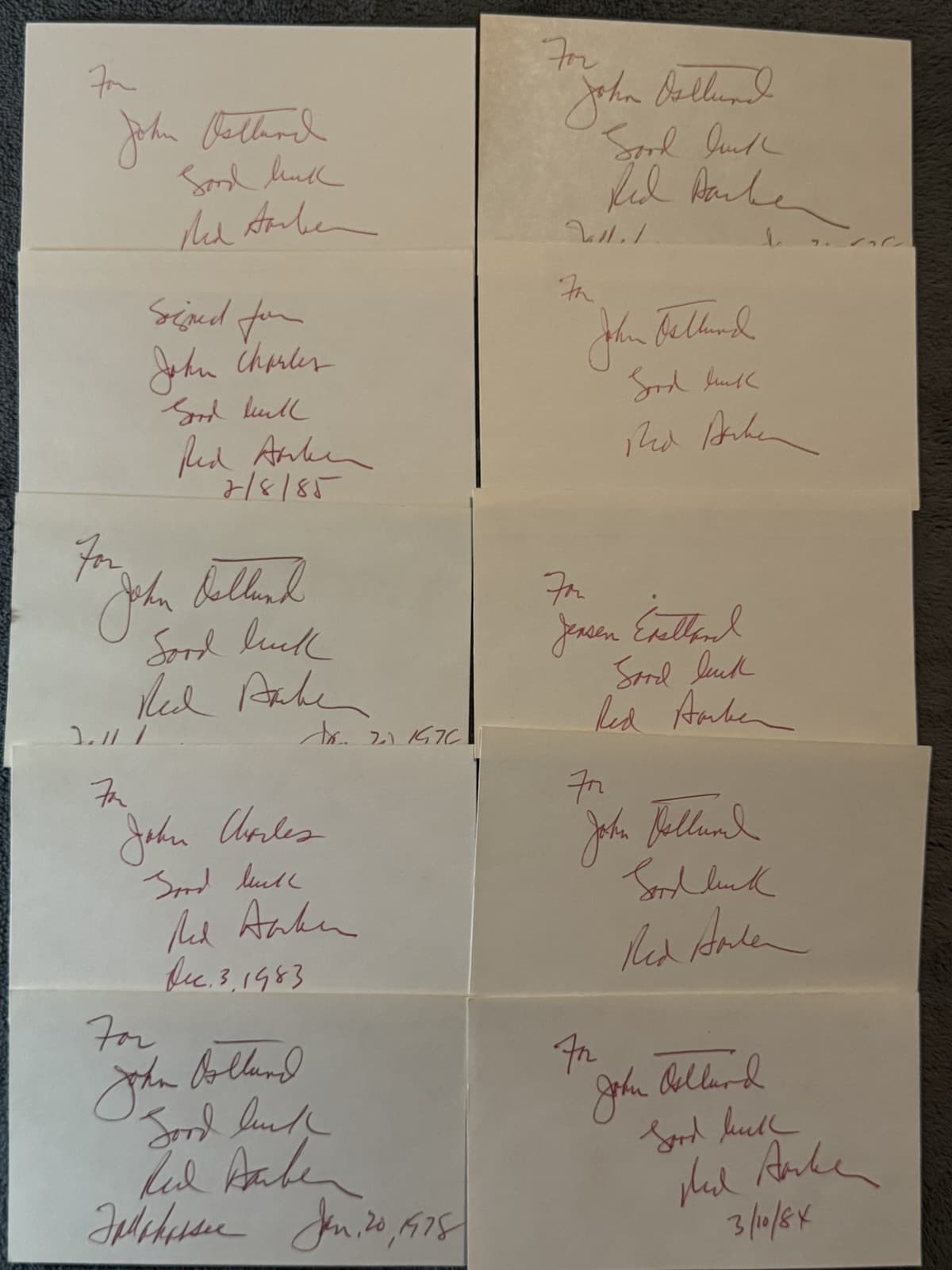 Lot of 10 Red Barber Signed Index Card 3x5 Broadcaster HOF Yankees Dodgers