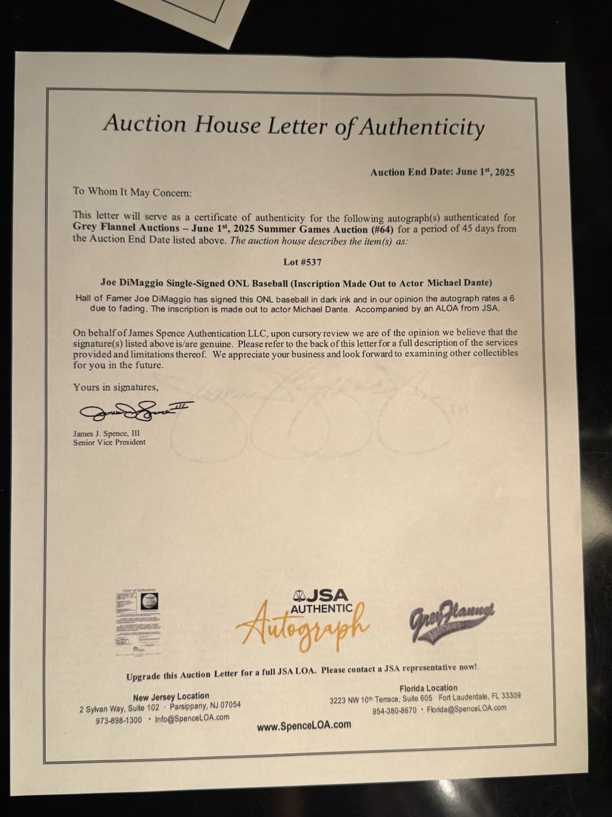 Joe DiMaggio Signed Baseball to Actor Michael Dante JSA LOA HOF New York Yankees - image 4