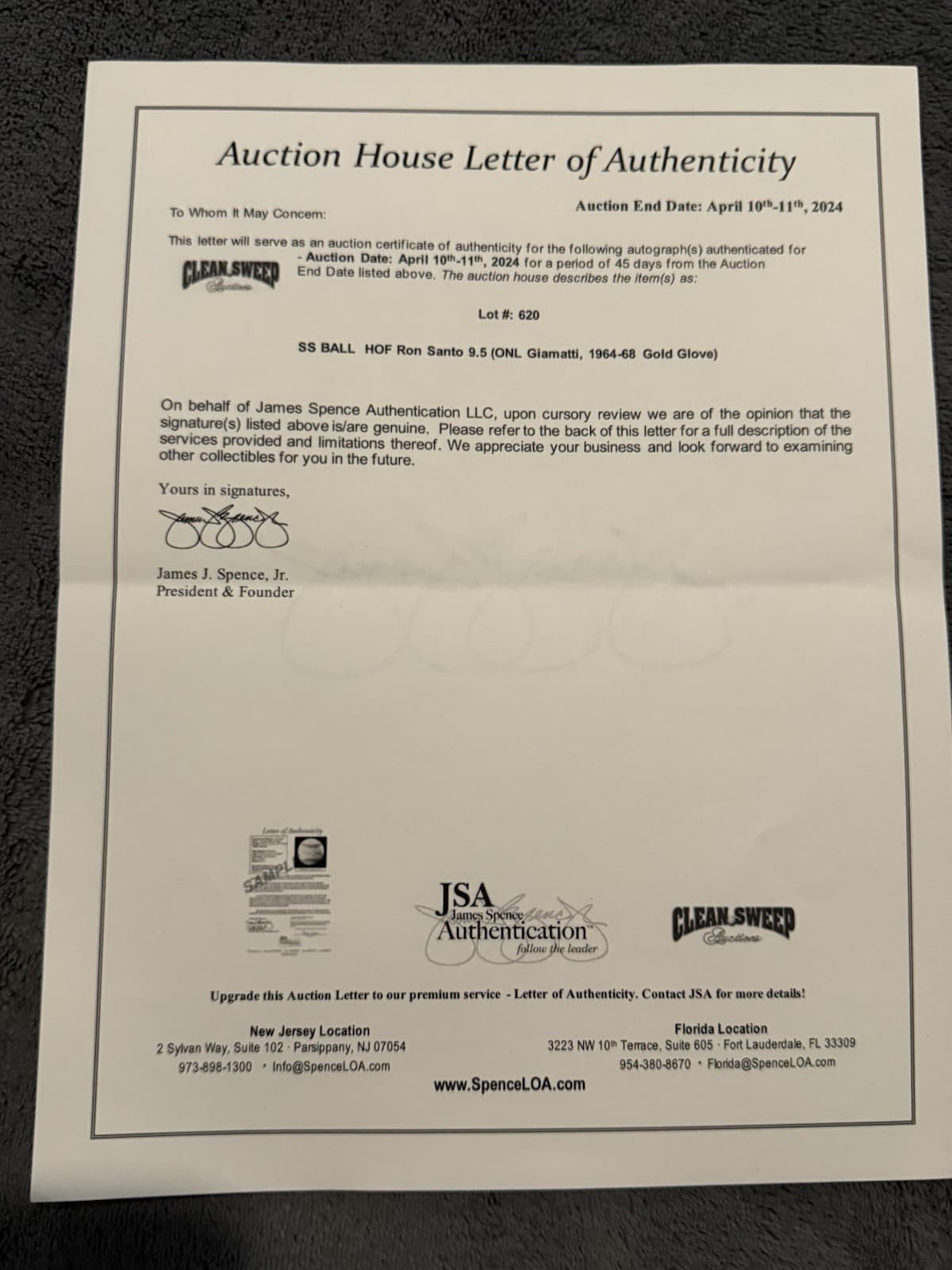 Ron Santo 1964-68 Gold Glove Signed Baseball JSA LOA Chicago Cubs HOF - image 4