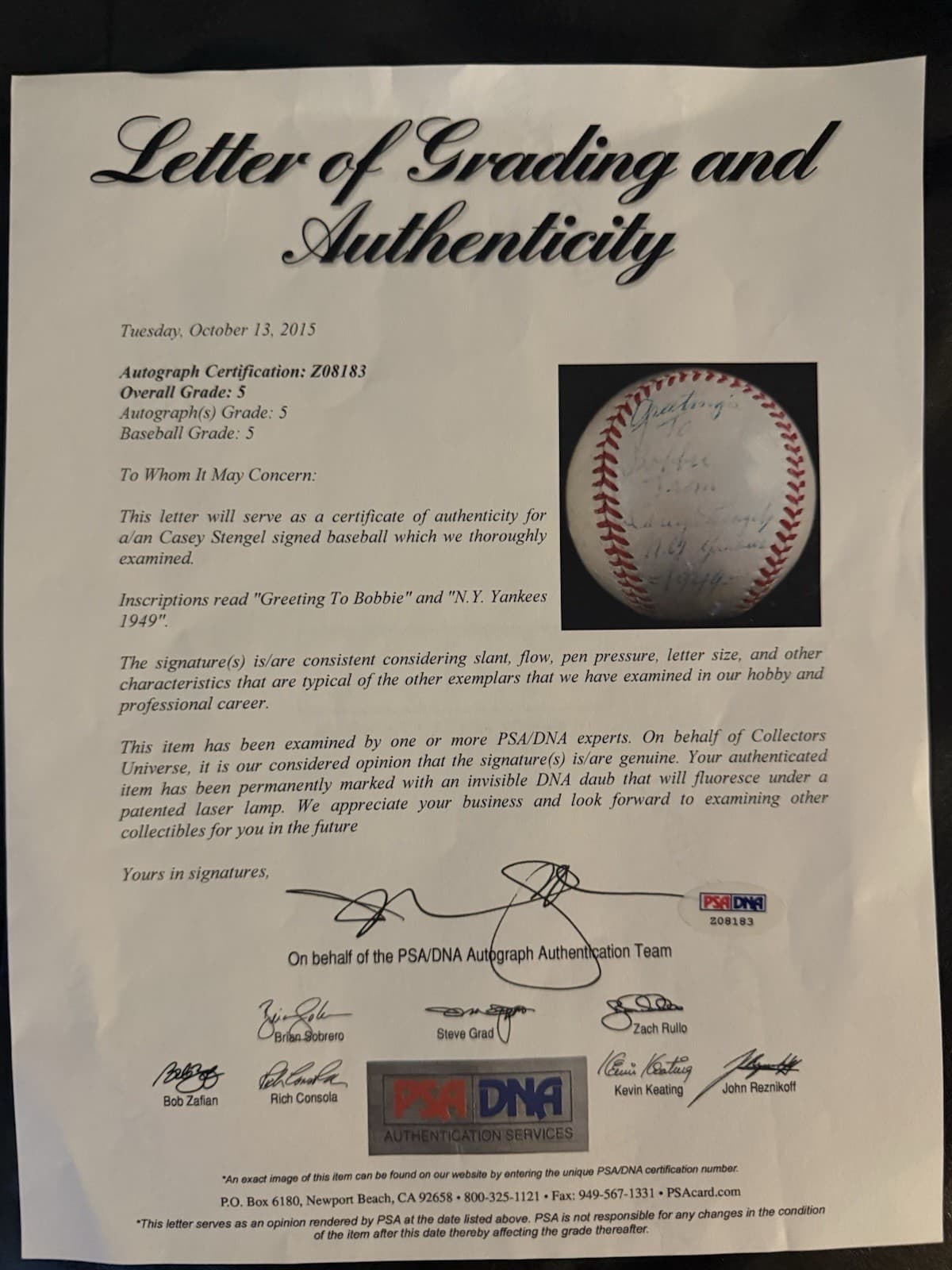 Casey Stengel NY Yankees 1949 Signed Baseball PSA/DNA LOA Mets HOF Single Signed - image 5