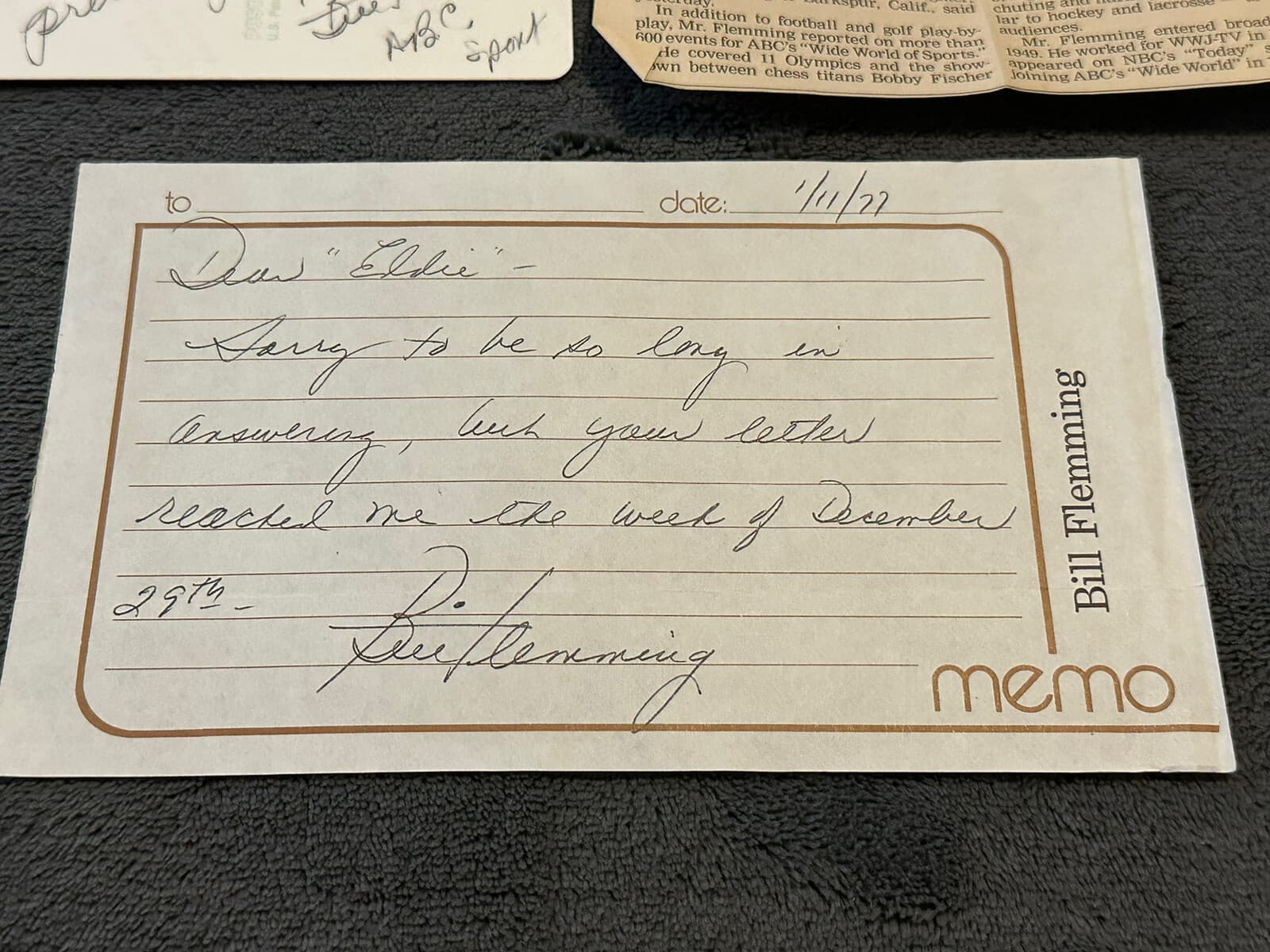 Bill Fleming Signed Letter and Photo Wide World of Sports ABC Broadcaster JSA - image 2