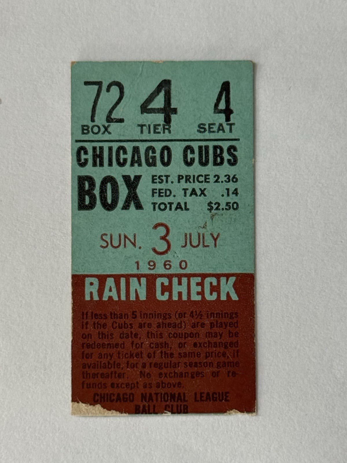 Ron Santo 1st Career Home Run Ticket Stub July 3 1960 Chicago Cubs HOF 7/3/60
