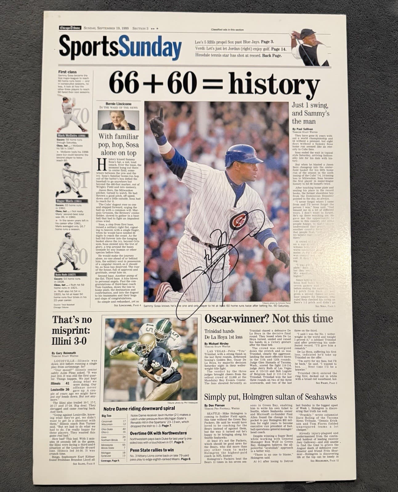 Sammy Sosa 60 Home Runs Signed Tribune Print Photo Thick Cubs 15x23 JSA LOA
