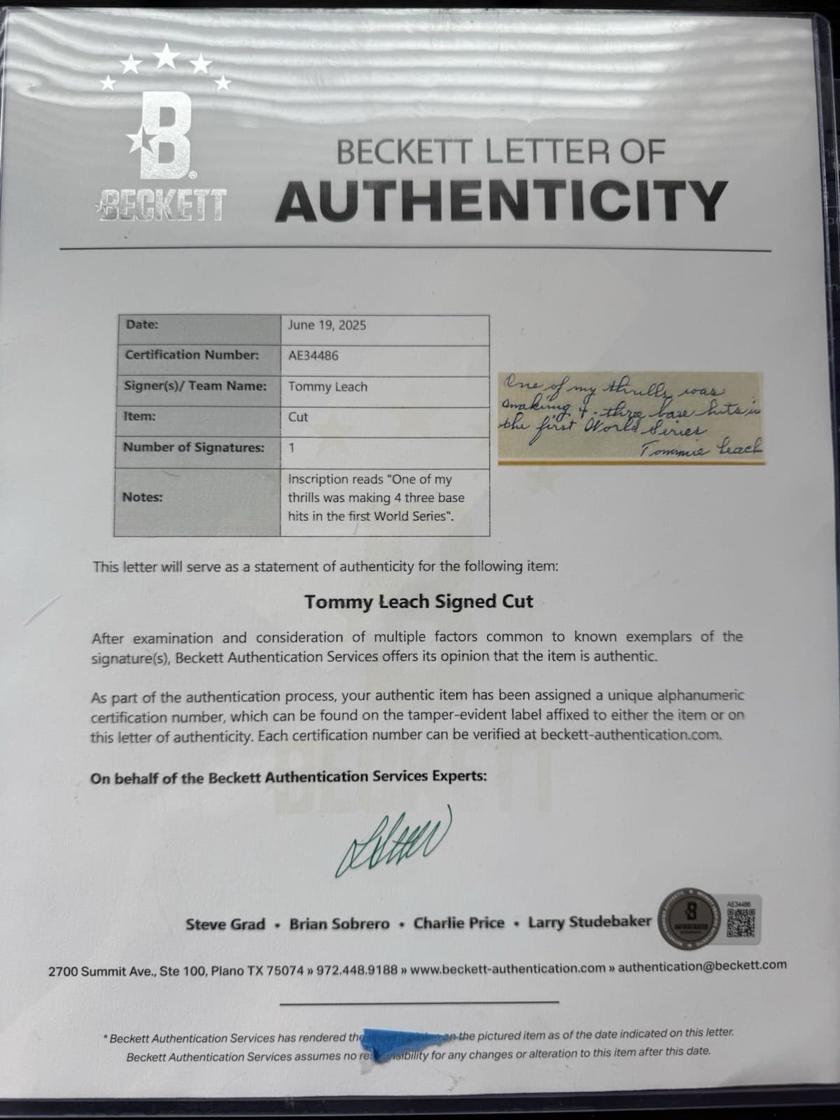 Tommy Leach Signed Cut Auto "First World Series" Not Index Card Pirates BAS LOA - image 2