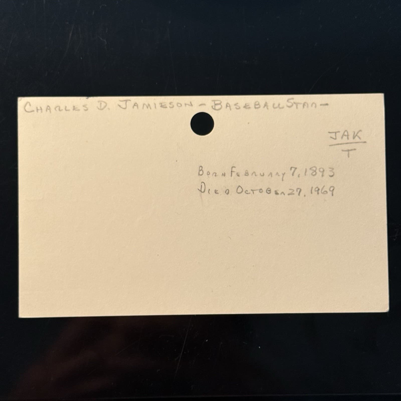 Charlie Jamieson Signed Index Card 3x5 1920 Cleveland Indians Hall of Fame  - image 2