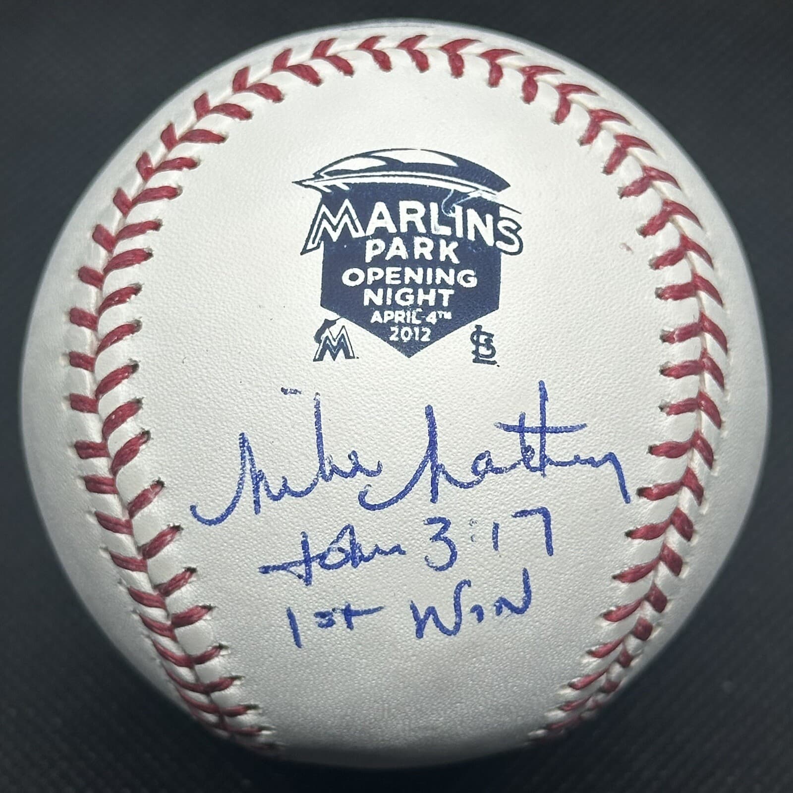 Mike Matheney Marlins Park 1st Win Signed Baseball Inaugural Game Logo Stan COA