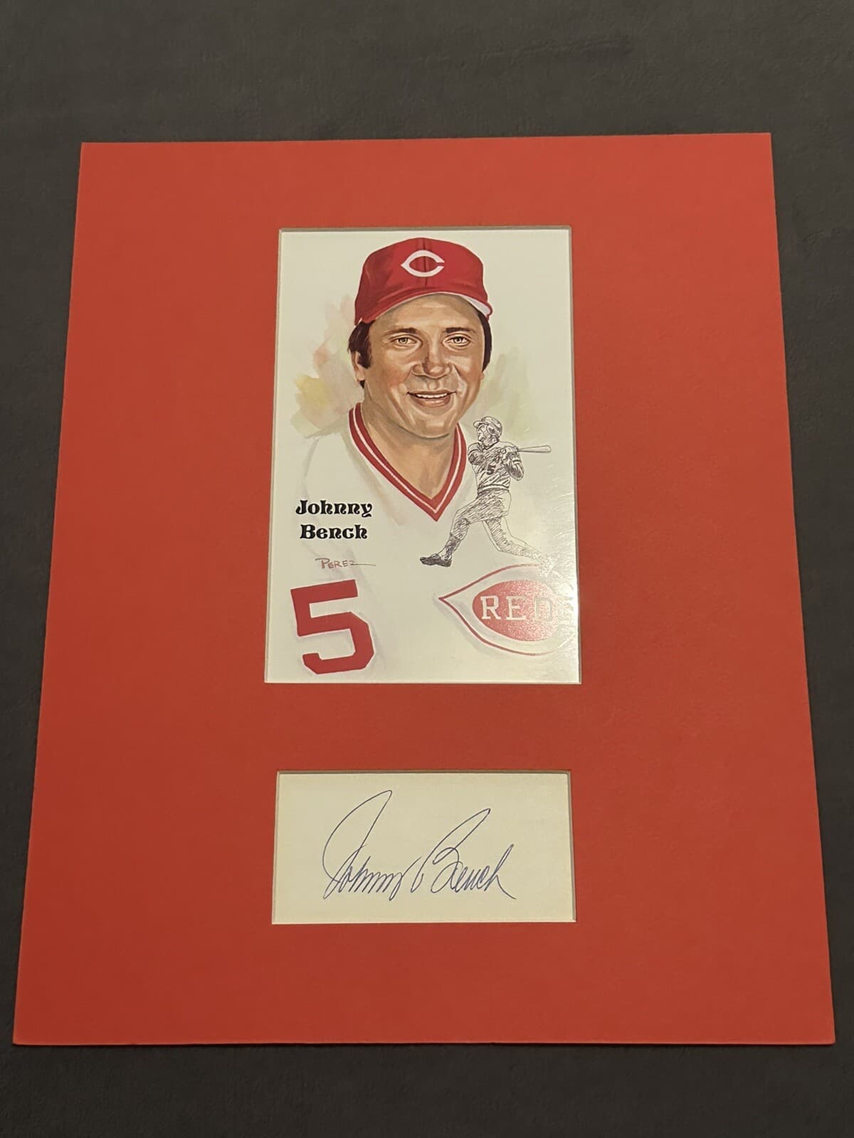 Johnny Bench Signed Index Card Matted w/ Perez Steele 8x10 Display JSA LOA HOF 