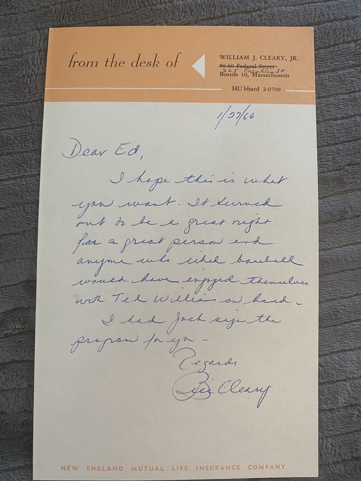 William Bill Cleary Handwritten Letter Signed Autographed US Hockey