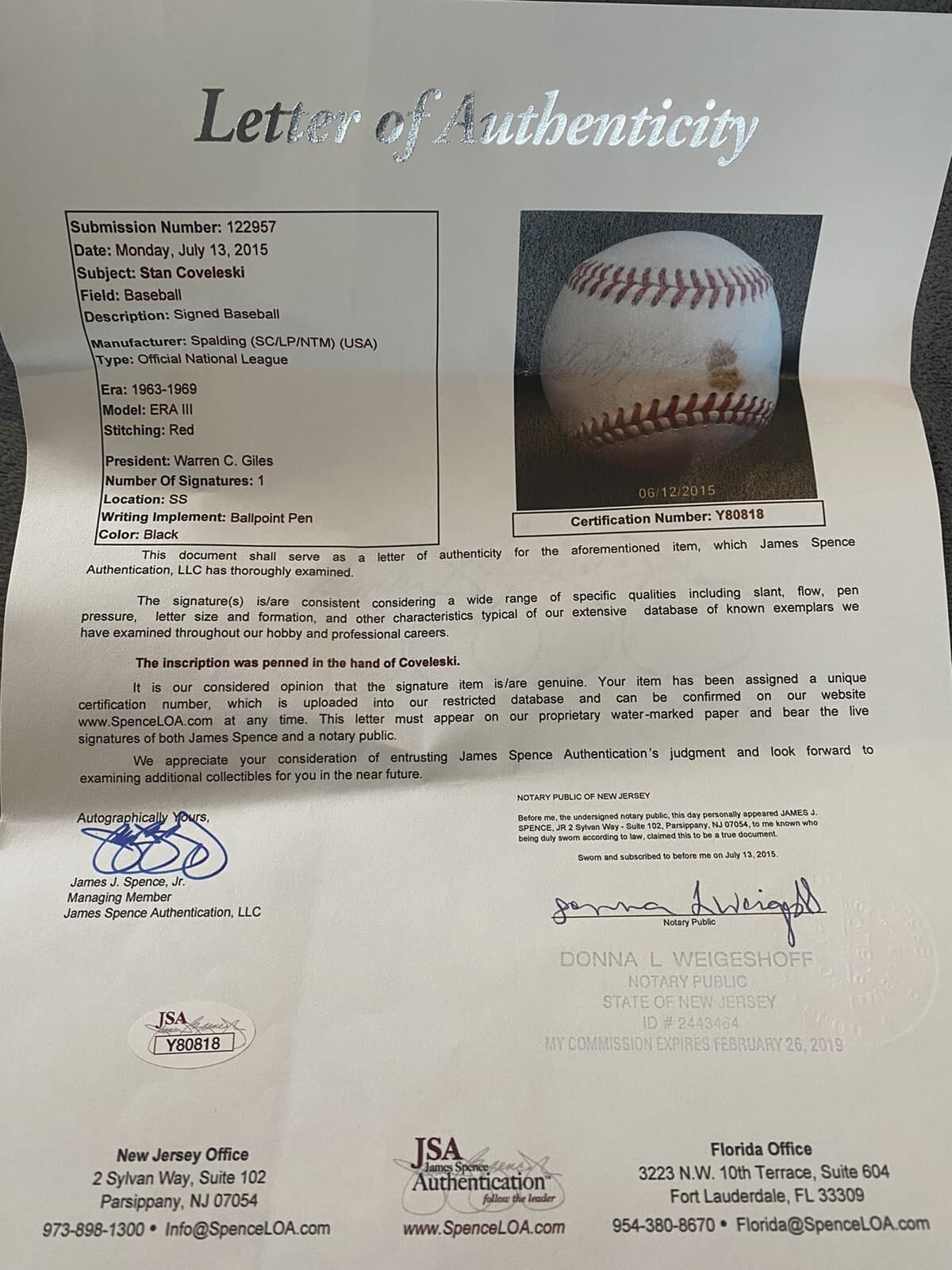 Stanley Stan Coveleski Single Signed Baseball JSA LOA ONL Giles Rare! Indians - image 4