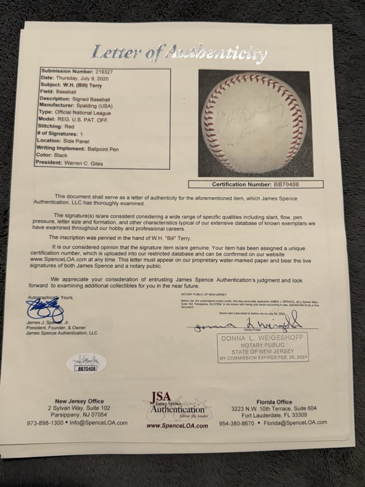 Bill Terry Giants 1922-1941 Signed Baseball JSA LOA HOF ONL GILES VINTAGE BALL! - image 3