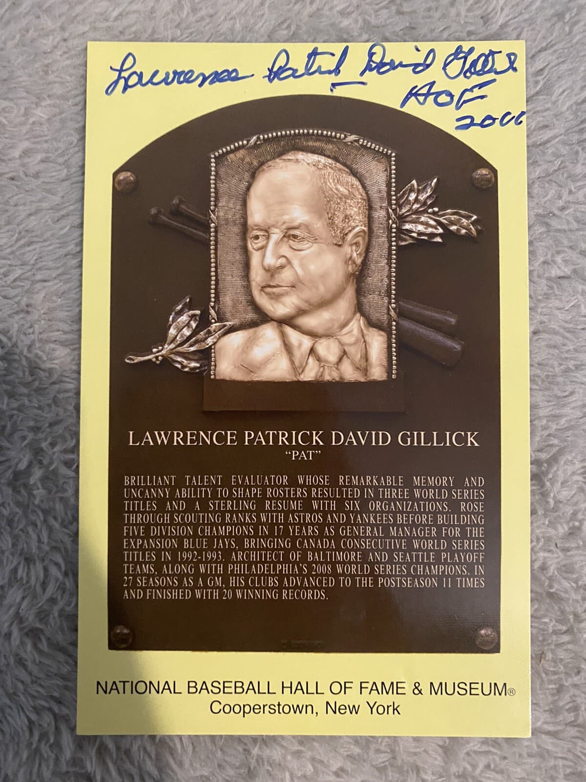Lawrence Patrick David Gillick Pat Full Name Signed HOF Postcard  Hall of Fame
