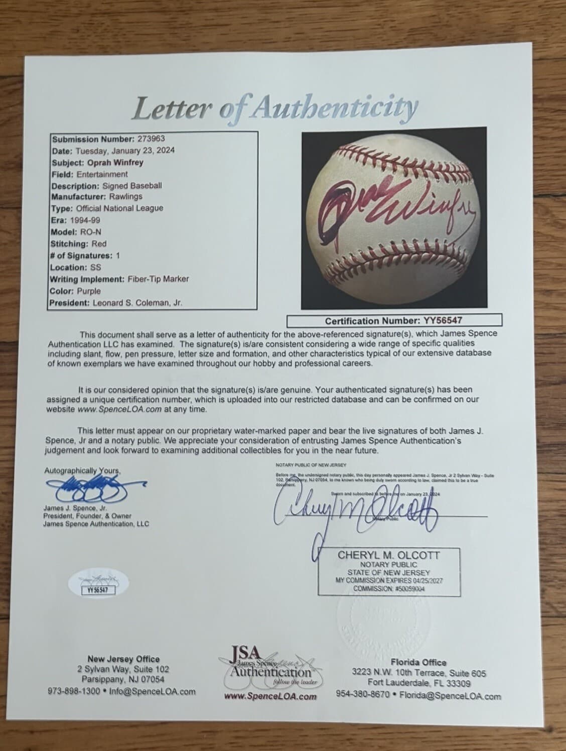 Oprah Winfrey Celebrity Signed Baseball Talk Show RARE! TV Host JSA LOA - image 3