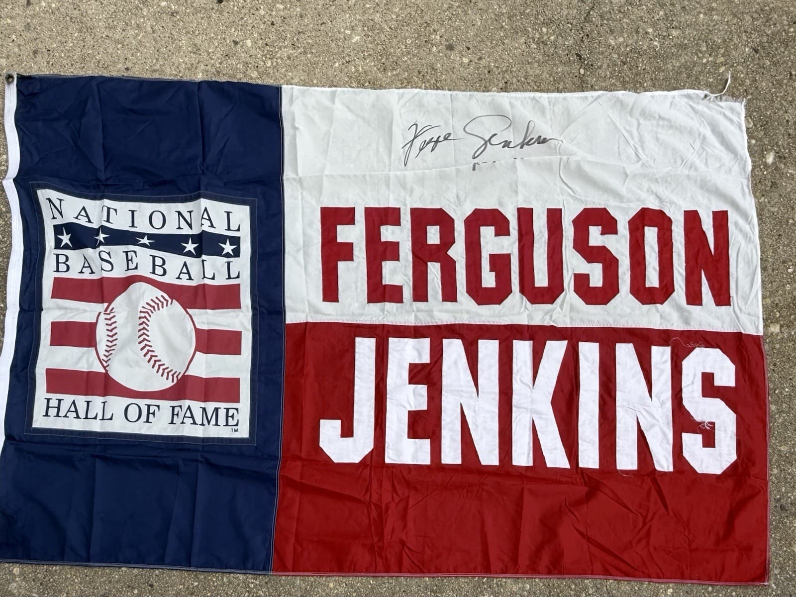 Fergie Jenkins HOF 91 Signed Game Used Flag Globe Life Park Texas Rangers 