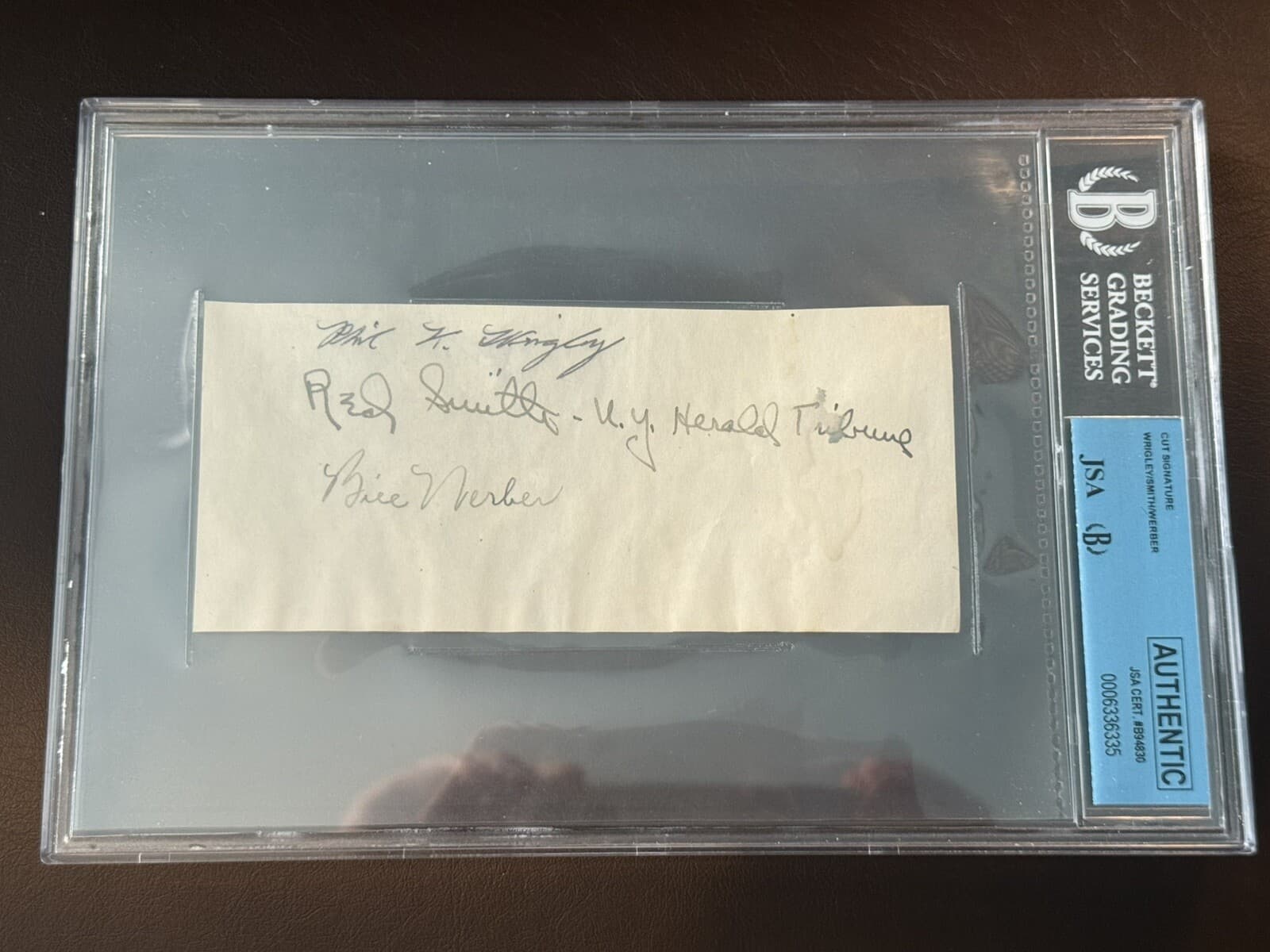 Phillip K Wrigley Red Smith Bill Werber Signed Page Cut Beckett Slabbed COA Cubs