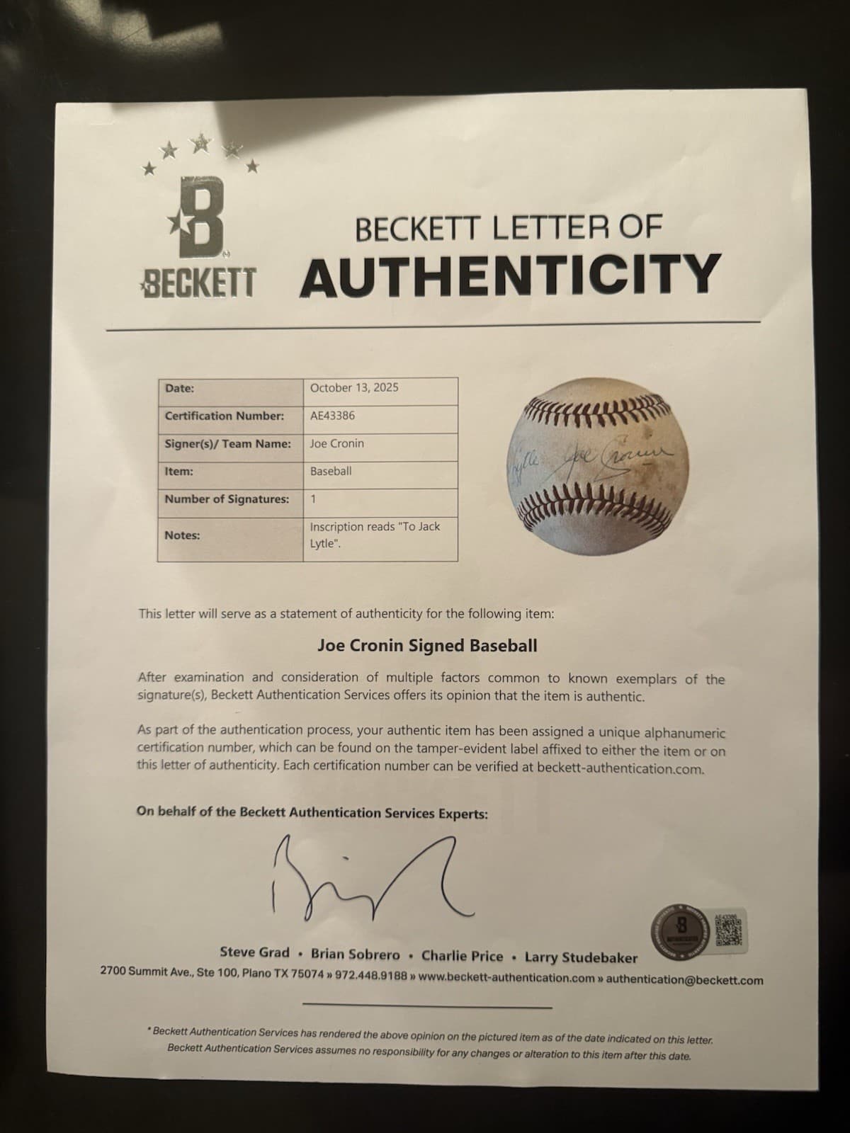 Joe Cronin Single Signed Baseball JSA LOA HOF Boston Red Sox RARE! AL Pres - image 4