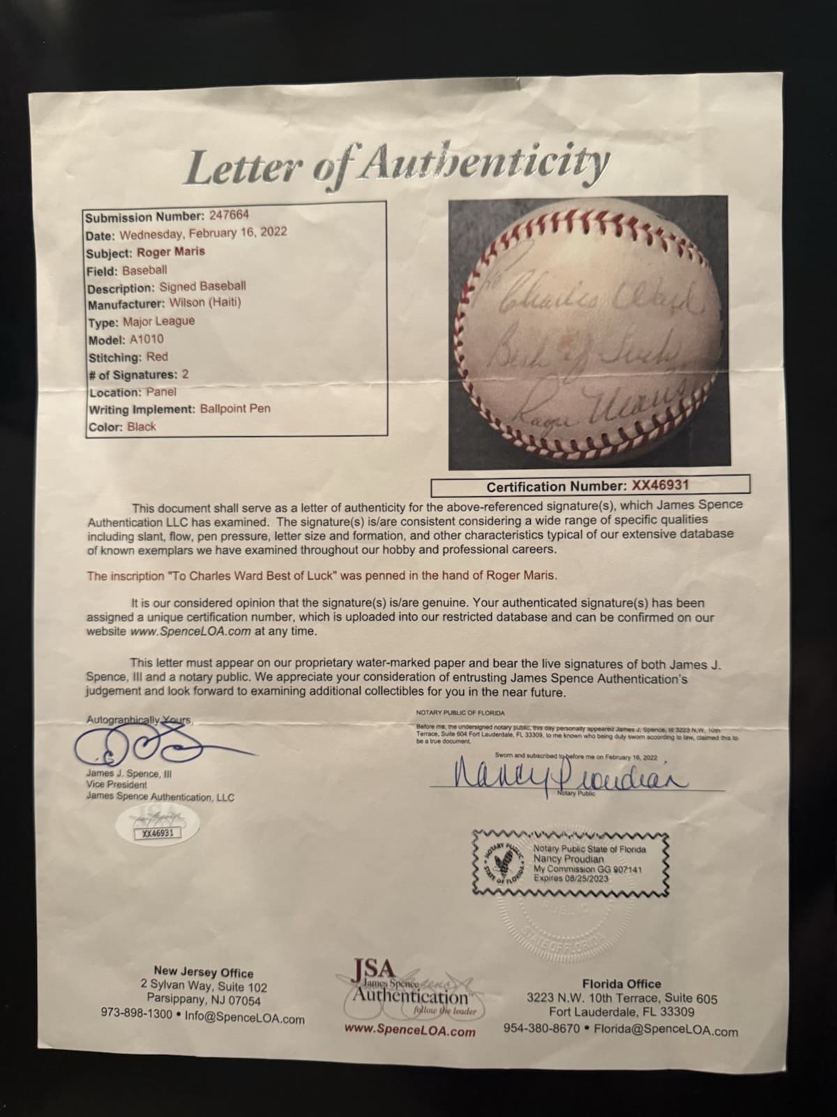 Roger Maris Single Signed Baseball JSA LOA New York Yankees HOF?? - image 4