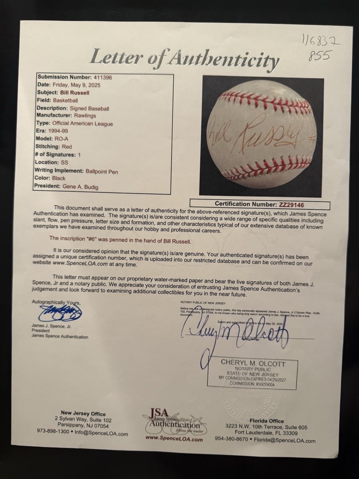 Bill Russell #6 Signed Baseball JSA LOA Boston Celtics HOF NBA - image 5