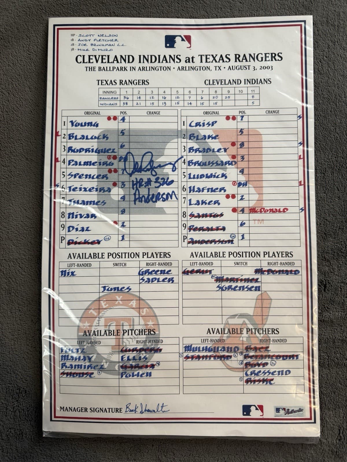 Alex Rodriguez HR #326 Texas Rangers Game Used Signed Lineup Card JSA LOA 8/3/03