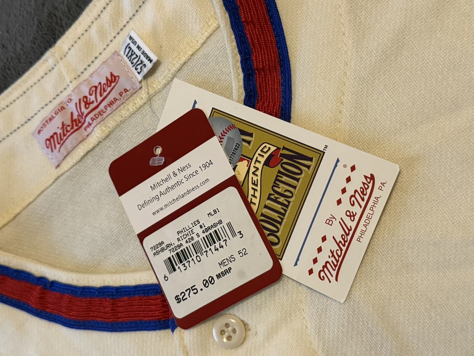 1948 Richie Ashburn Authentic Mitchell & Ness Phillies Jersey Size 52 - image 2