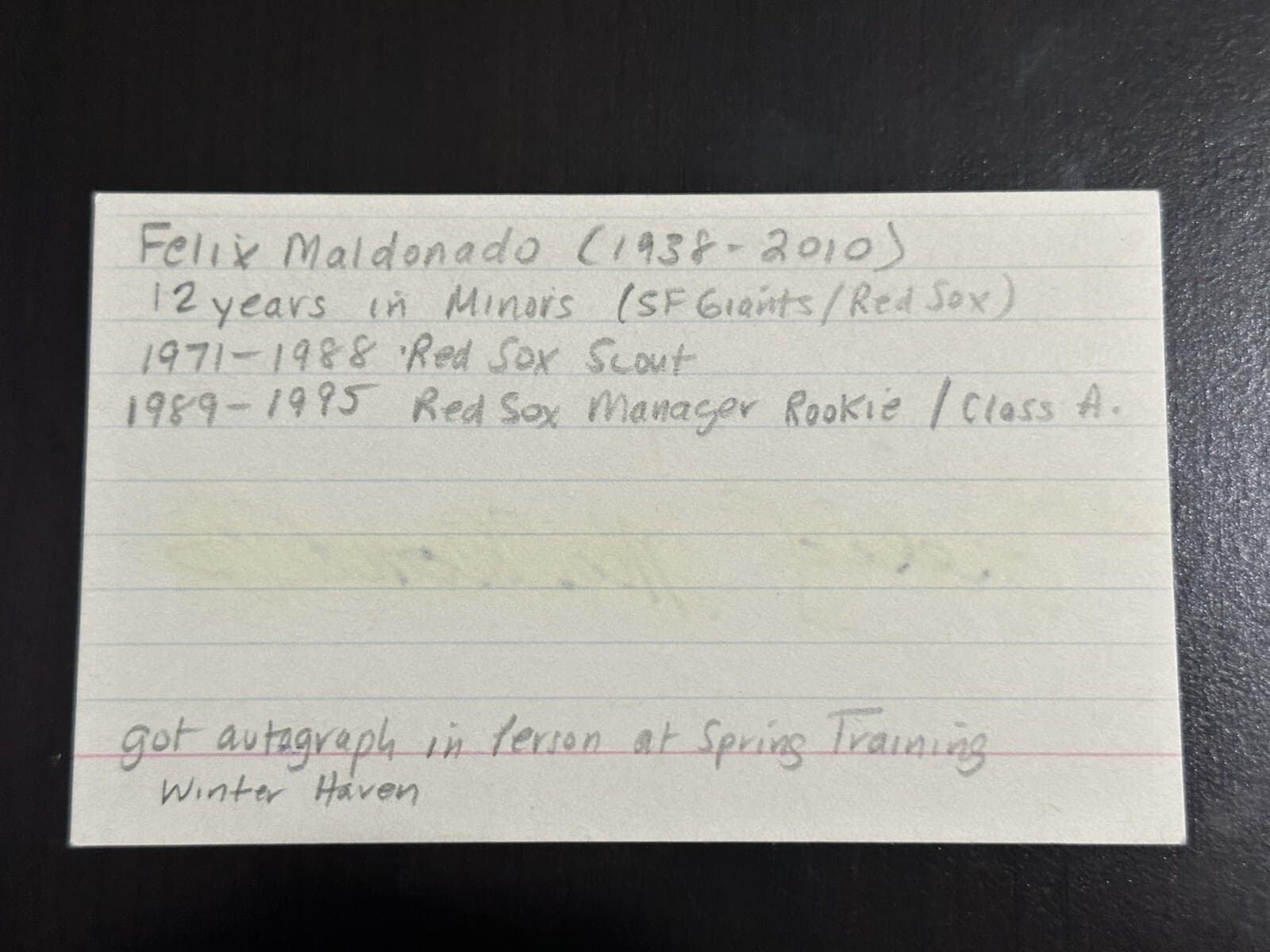 Felix Maldonado Signed Index Card 3x5 Boston Red Sox Scout Coach Manager MILB - image 2