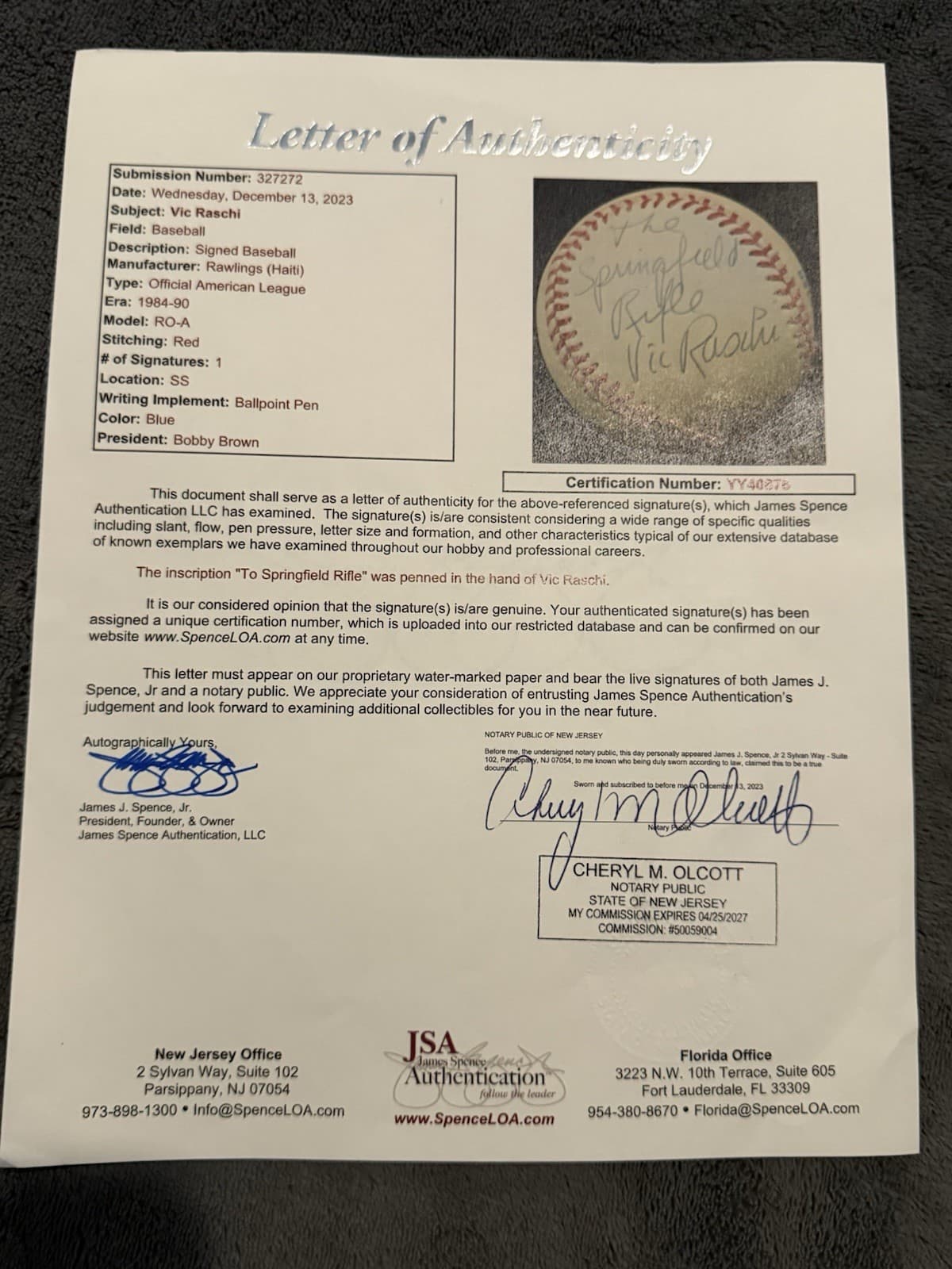 Vic Raschi The Springfield Rifle Signed Baseball  JSA LOA New York Yankees - image 3