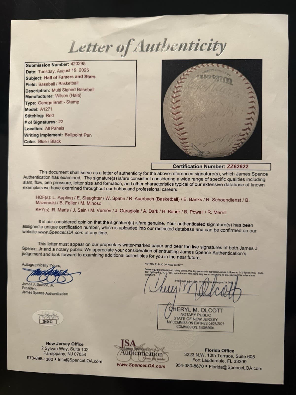 Roger Maris HOFers/Stars Signed Baseball JSA LOA 9x HOFers Banks HOF Yankees - image 8
