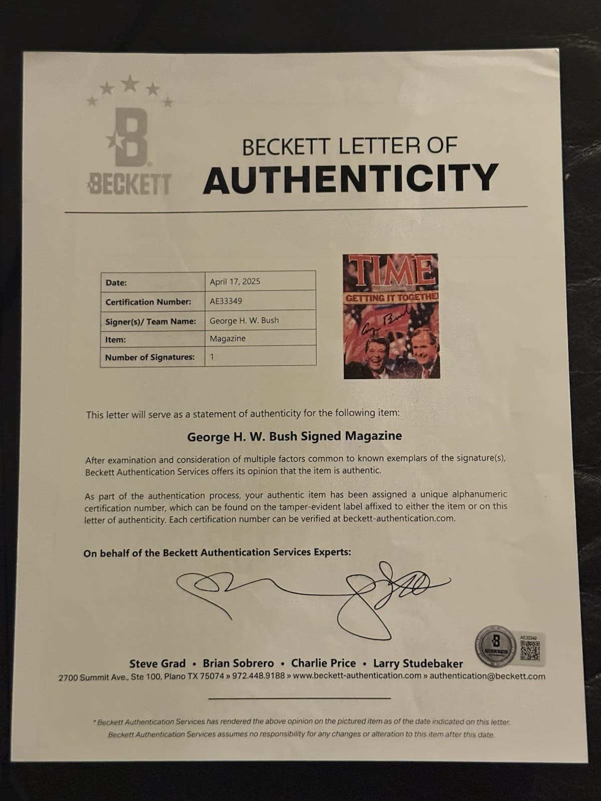 President George HW Bush Signed Time Magazine 41st Pres Reagan VP Beckett LOA - image 2