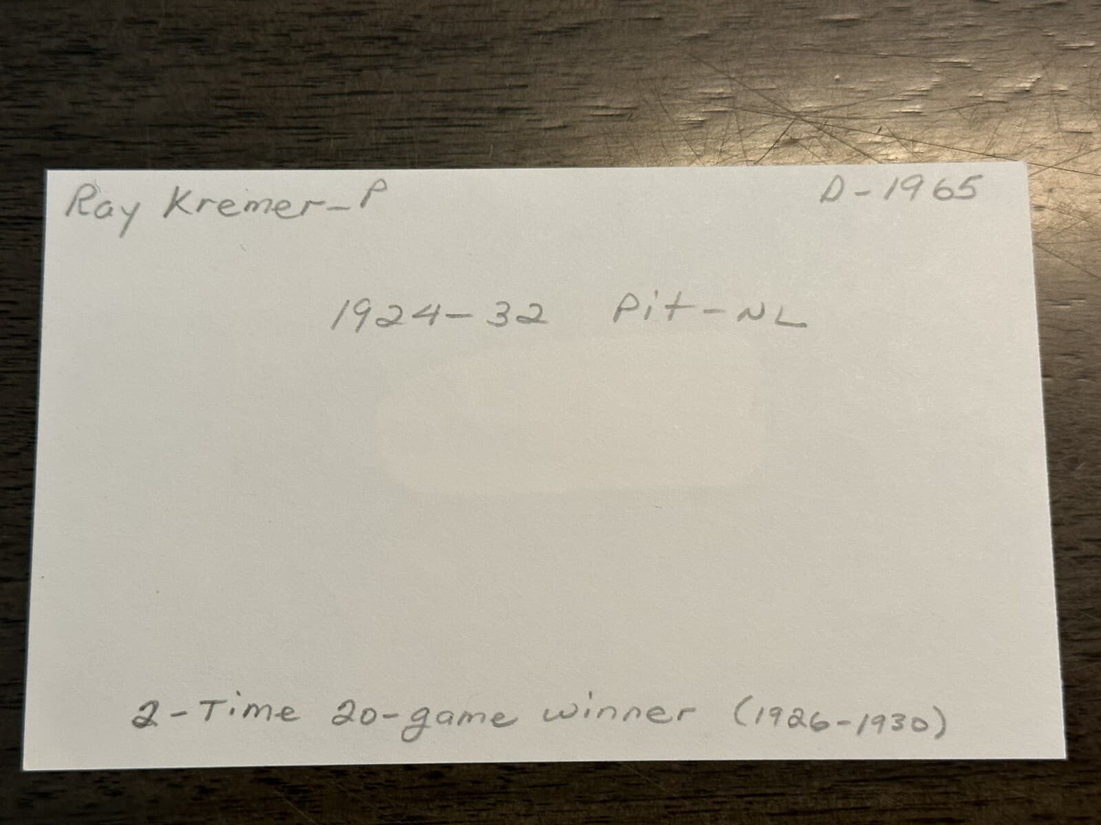 Ray Kremer Signed Index Card Cut 3x5 20 Game Winner Pittsburgh Pirates RARE! - image 2