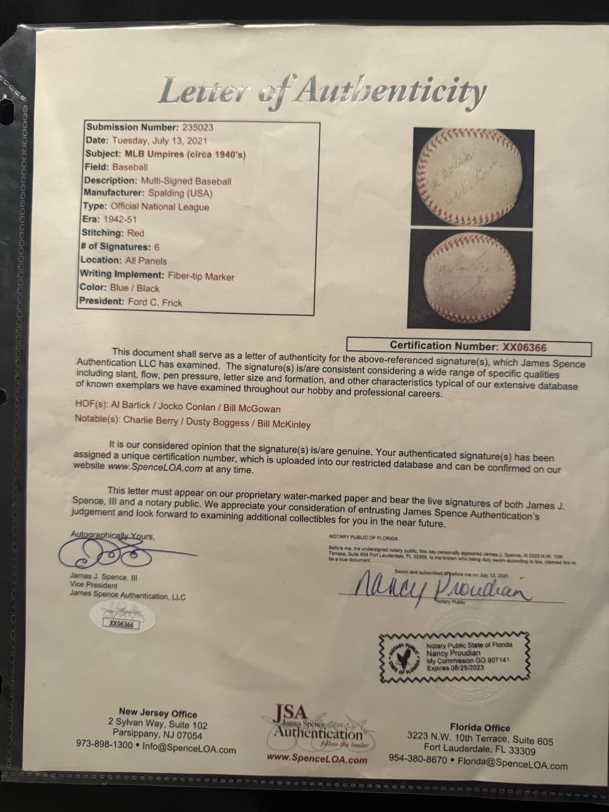 Bill McGowan 1940s Umpires Signed Baseball JSA LOA Jocko Conlan Al Barlick HOF - image 6