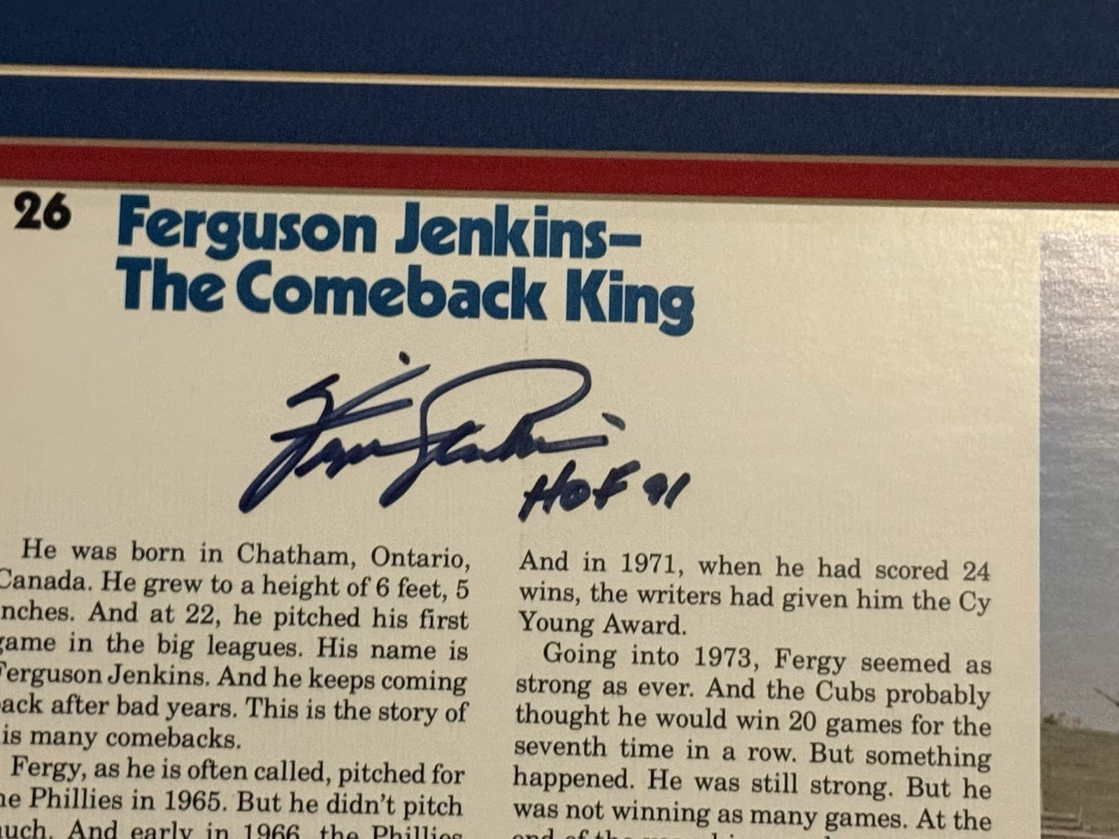 Fergie Jenkins Signed 12x18 Photo Matted Article HOF 91 Chicago Cubs JSA LOA - image 2