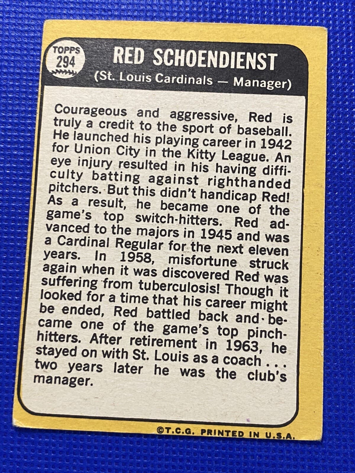 Red Schoendienst Signed 1968 Topps Baseball Card Autographed #294 Cardinals - image 2