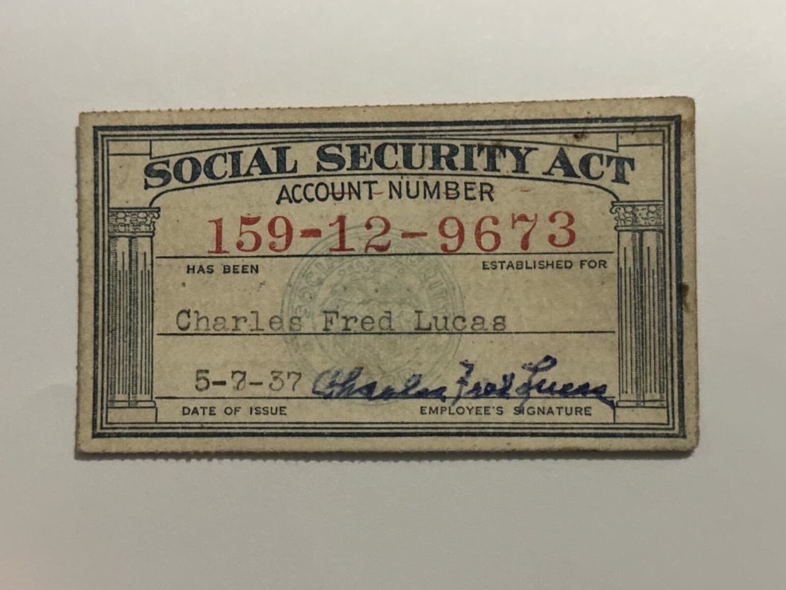 Charles Red Lucas Signed Social Security Card ORIGINAL JG Autographs COA