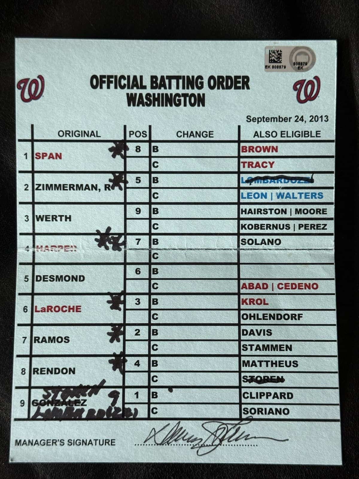 Davey Johnson Signed Game Used Lineup Card Washington Nationals MLB Auth Mets 1