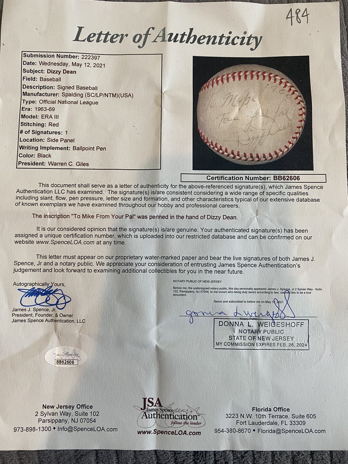 Dizzy Dean Signed Autographed Baseball ONL Giles JSA LOA Single Signed - image 4