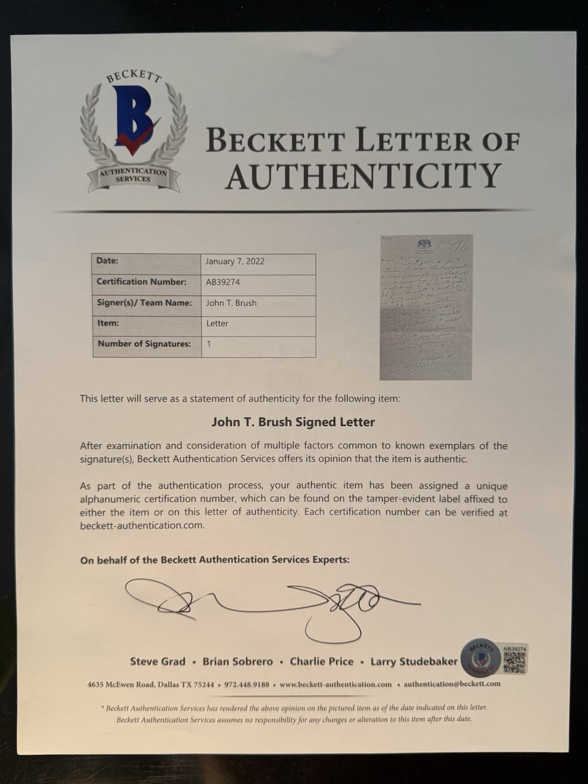 John T Brush Signed Handwitten Letter New York Giants Owner Beckett LOA Reds - image 3