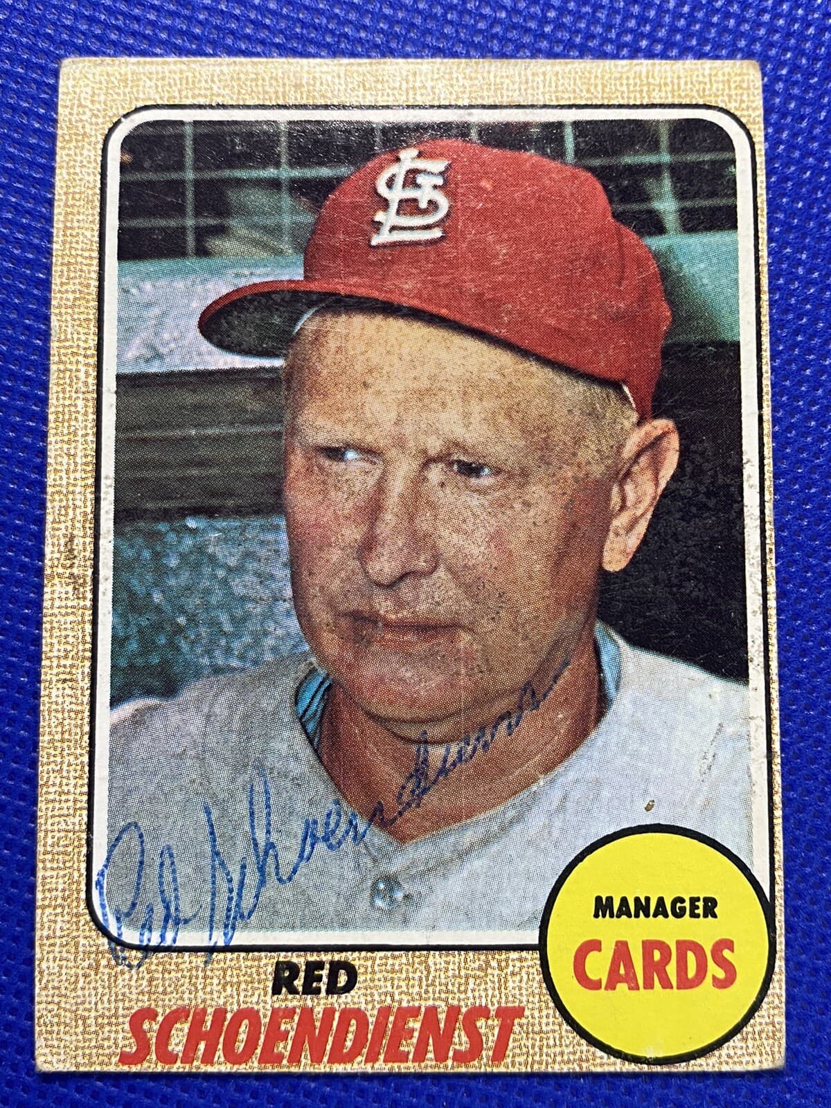 Red Schoendienst Signed 1968 Topps Baseball Card Autographed #294 Cardinals