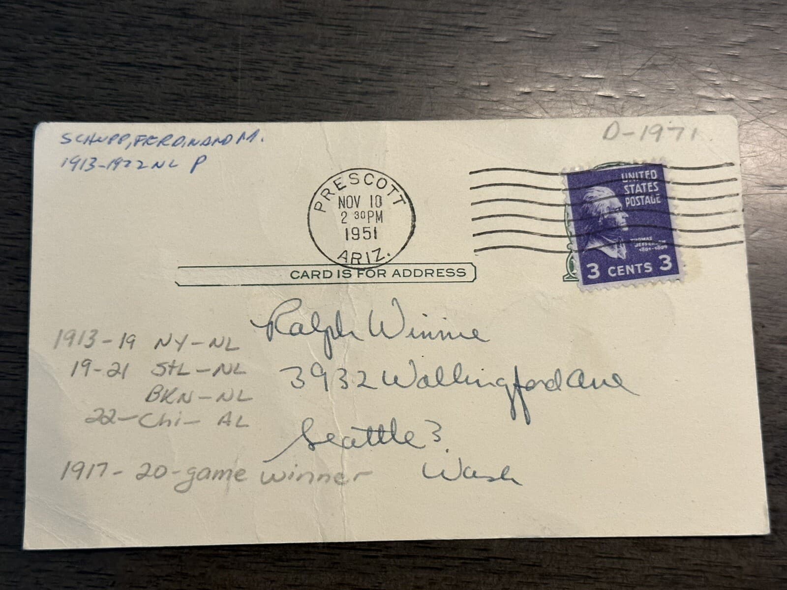 Ferdie Schupp Signed Government Postcard GPC 20 Game Winner Index Giants Cards - image 2