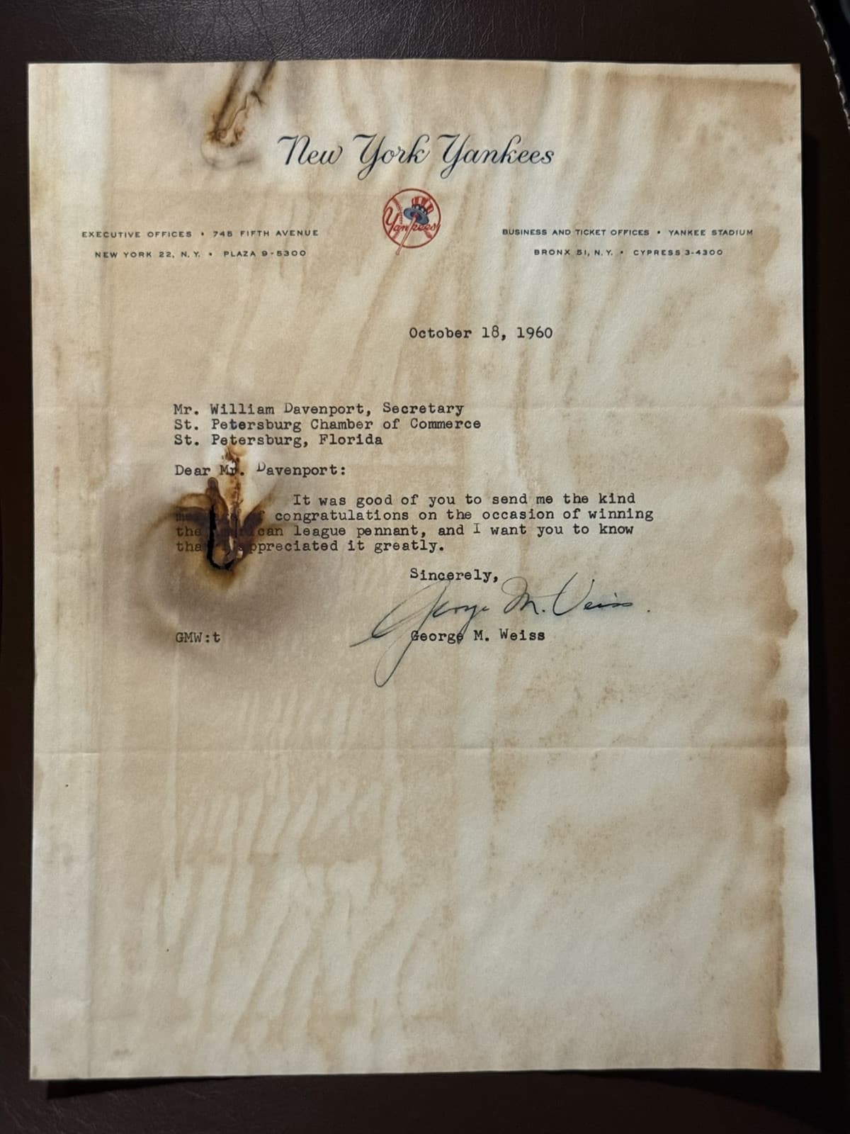 George Weiss Signed Letter 1960 New York Yankees HOF PSA/DNA LOA Damage