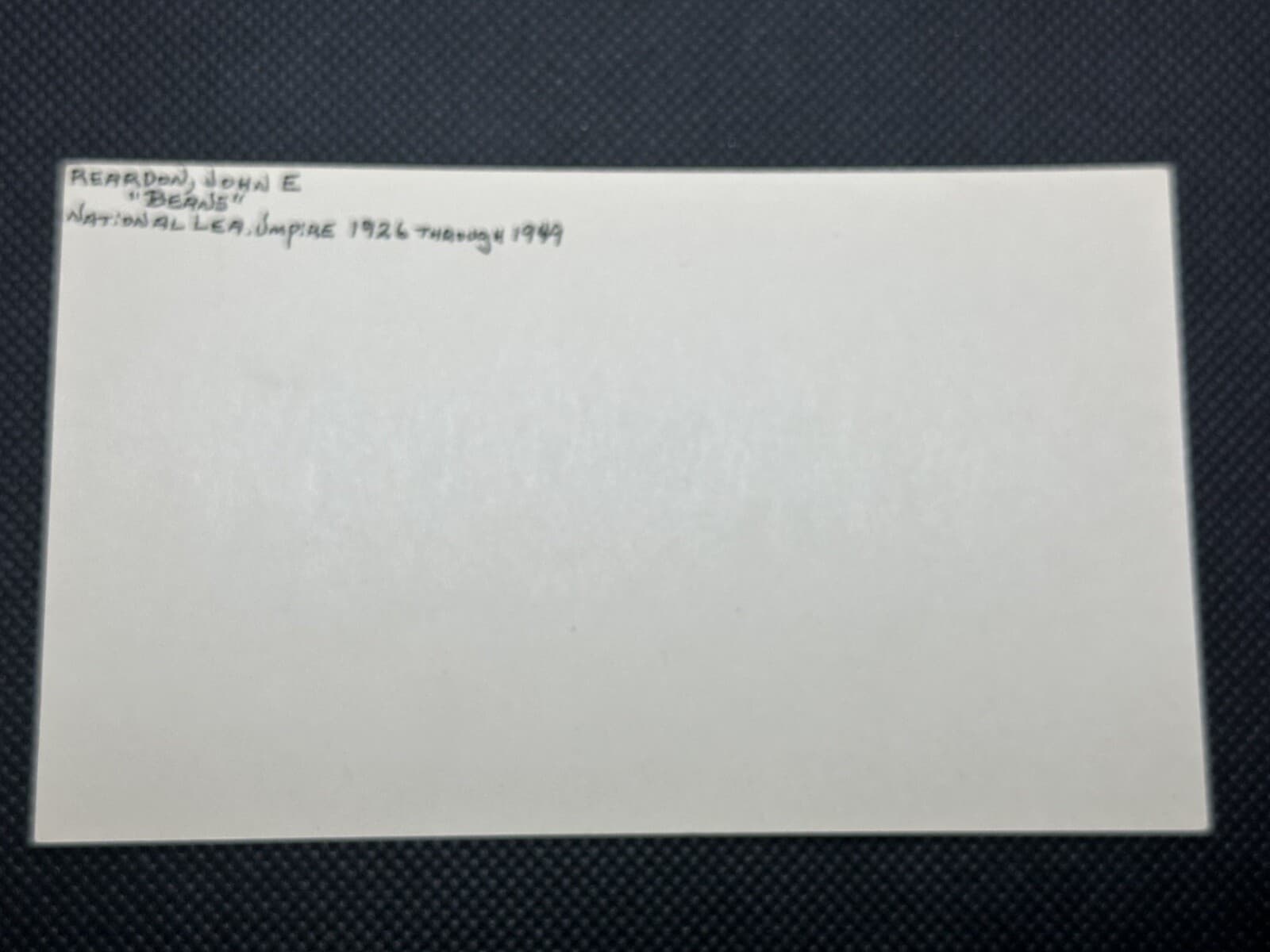 Beans Reardon Signed Index Card 3x5 Umpire NL  - image 2