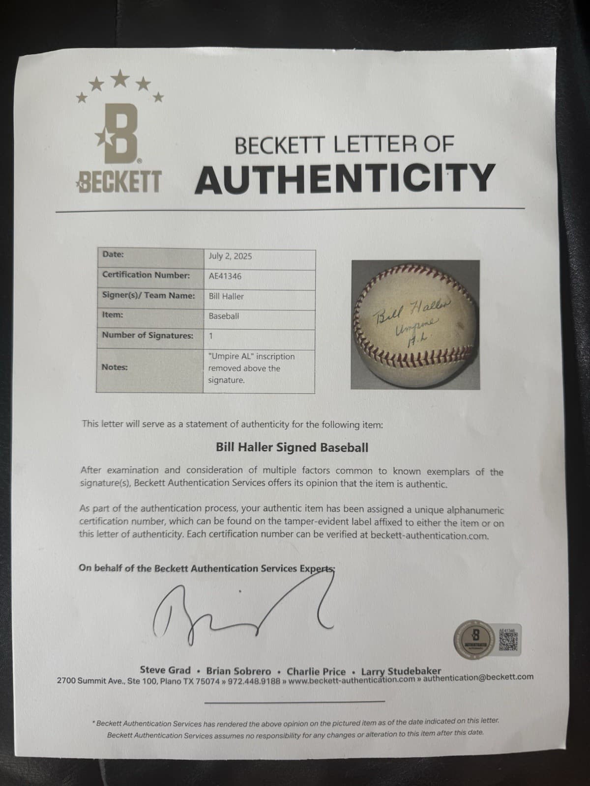 Bill Haller AL Umpire Signed Baseball JSA COA BAS Earl Weaver Liar Fight RARE - image 3