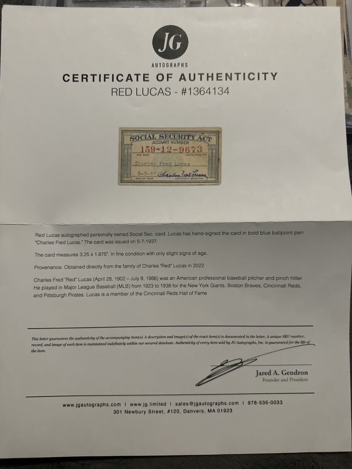 Charles Red Lucas Signed Social Security Card ORIGINAL JG Autographs COA - image 3