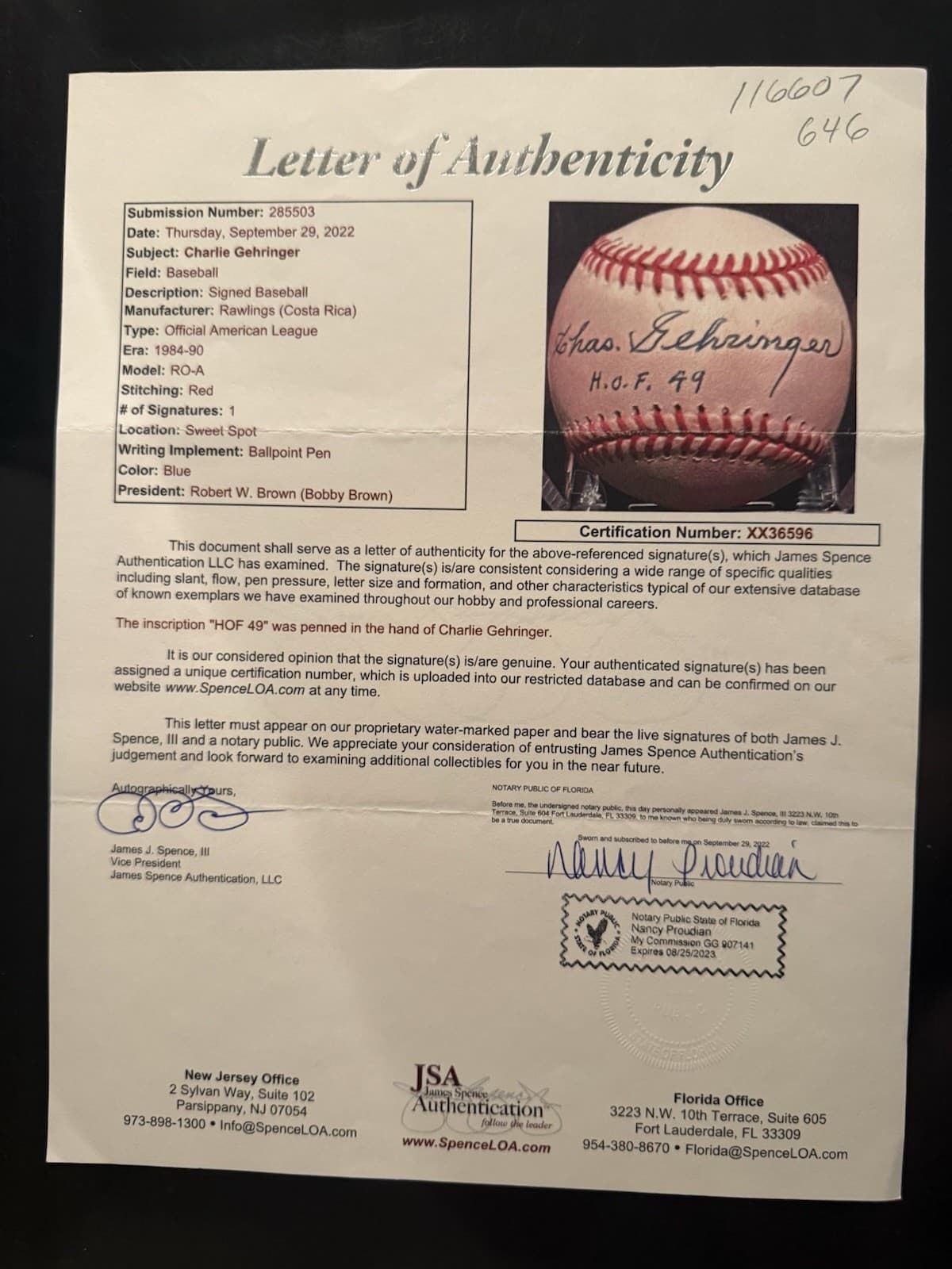 Charlie Gehringer HOF 49 Signed Baseball JSA LOA Detroit Tigers  - image 3