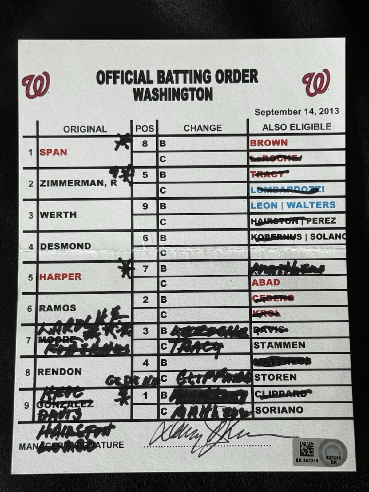 Davey Johnson Signed Game Used Lineup Card Washington Nationals MLB Auth Mets 3