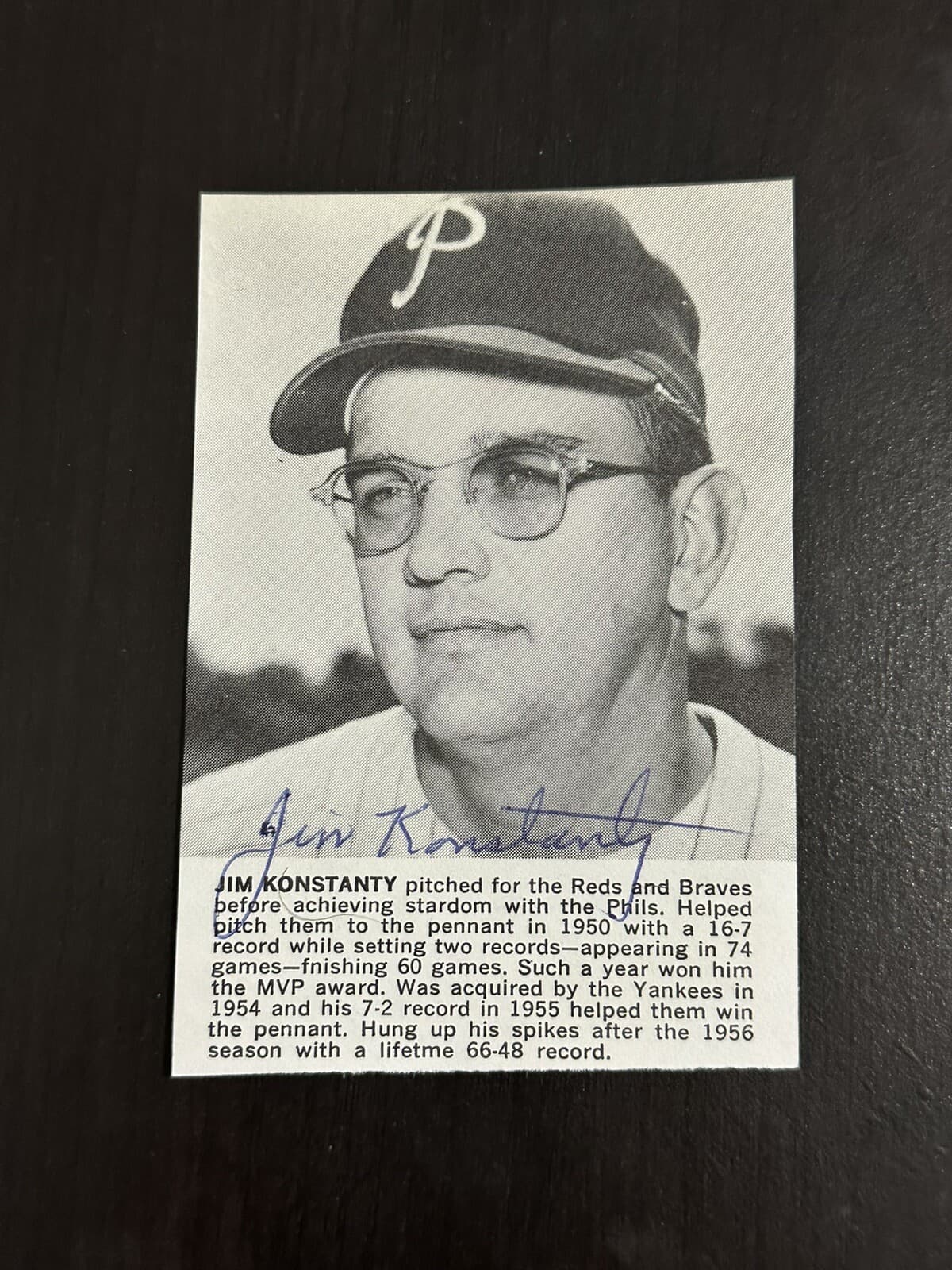Jim Konstanty Signed Magazine Photo Cut 3x4 Philadelphia Phillies Yankees MVP