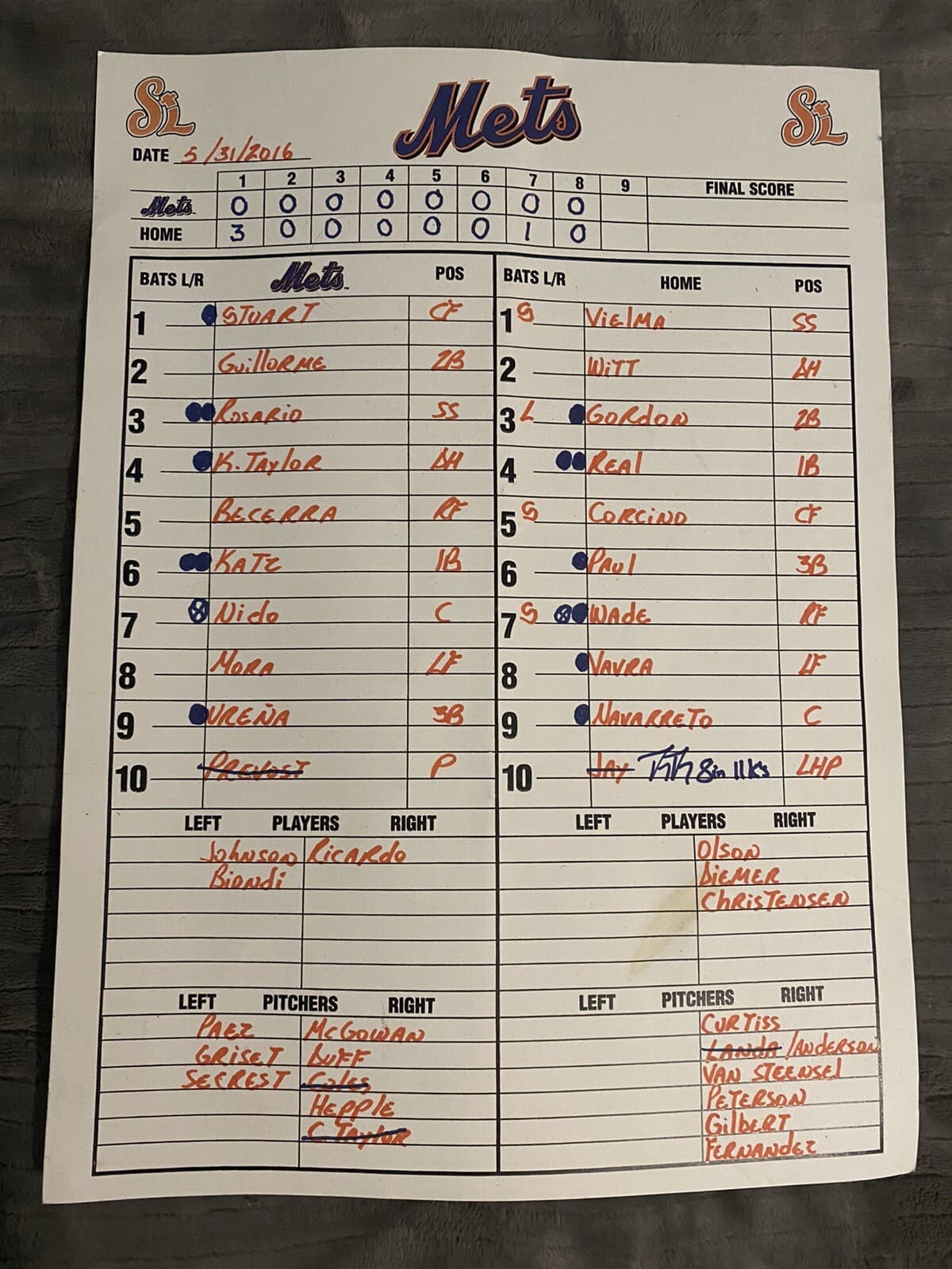 St Lucie Mets Fort Myers Twins Game Used Lineup Card May 31st 2016 Rosario Nido 