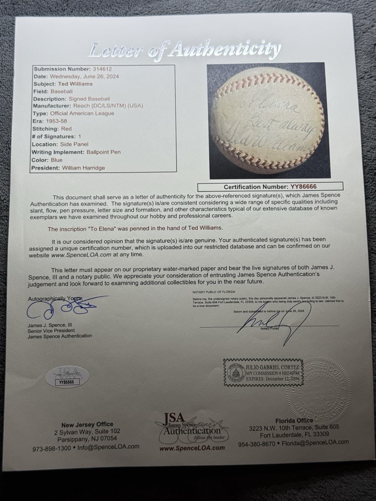 1950s Ted Williams OAL Harridge Playing Era Signed Baseball JSA LOA - image 3