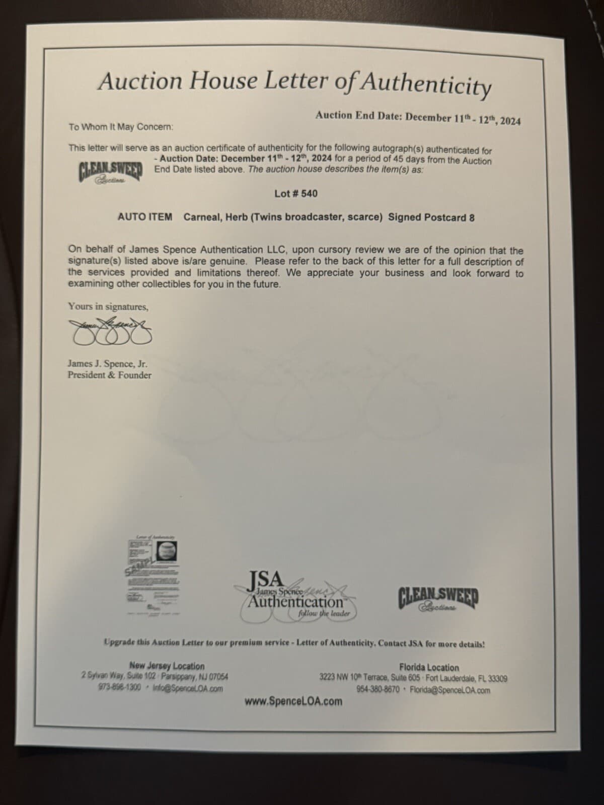 Herb Carneal Twice Signed Photo Postcard JSA LOA Minnesota Twins Broadcaster HOF - image 3