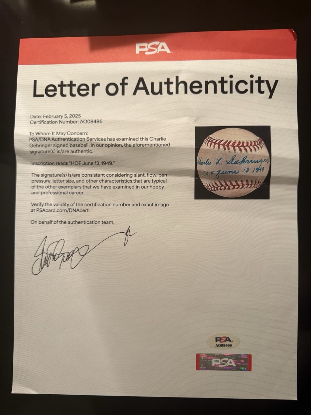 Charlie Gehringer HOF June 14 1949 Signed Baseball PSA LOA HOF 1949 Tigers  - image 3