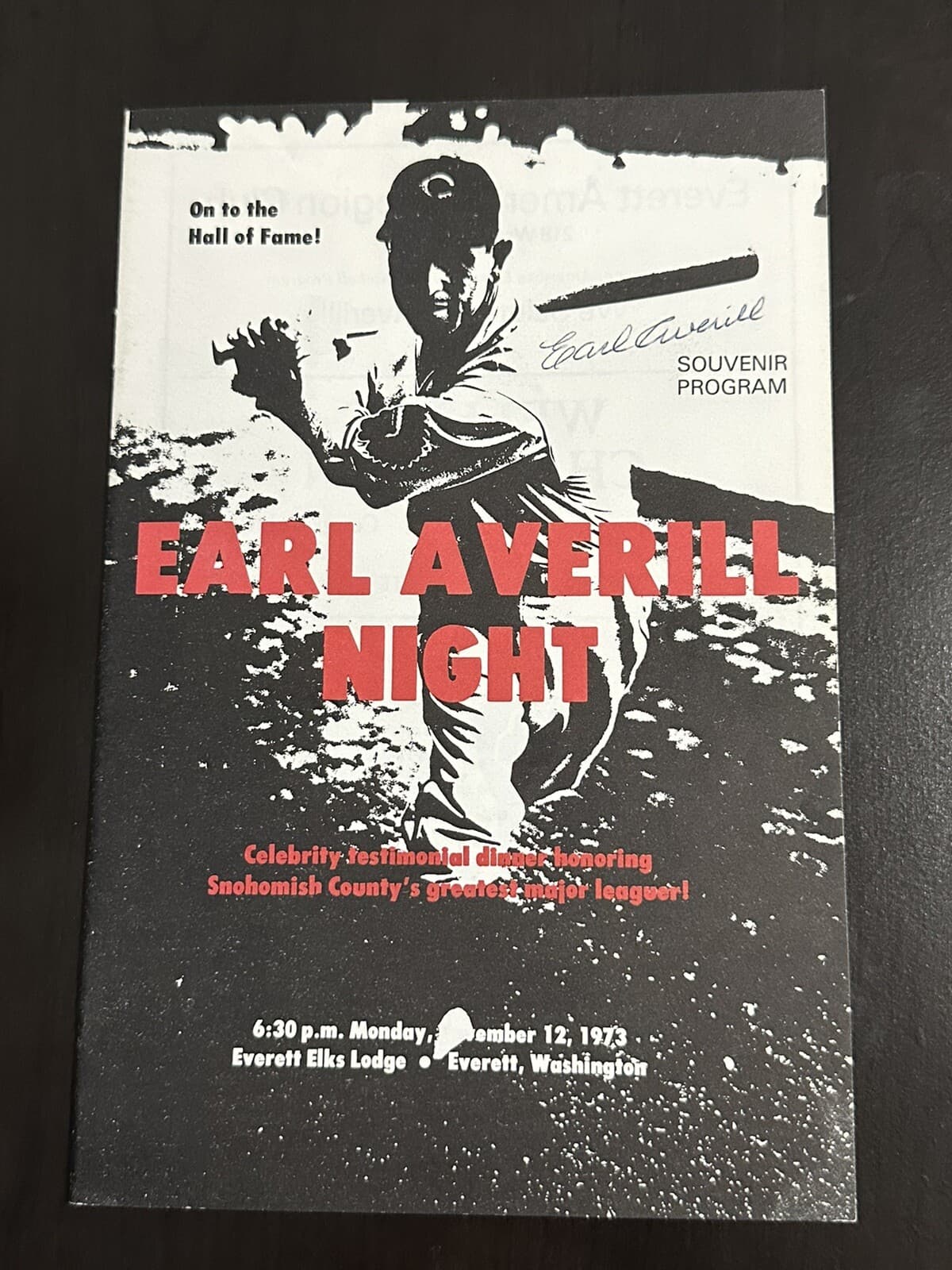 Earl Averill Night Signed Program 1973 Hall of Fame Cleveland Indians Tigers